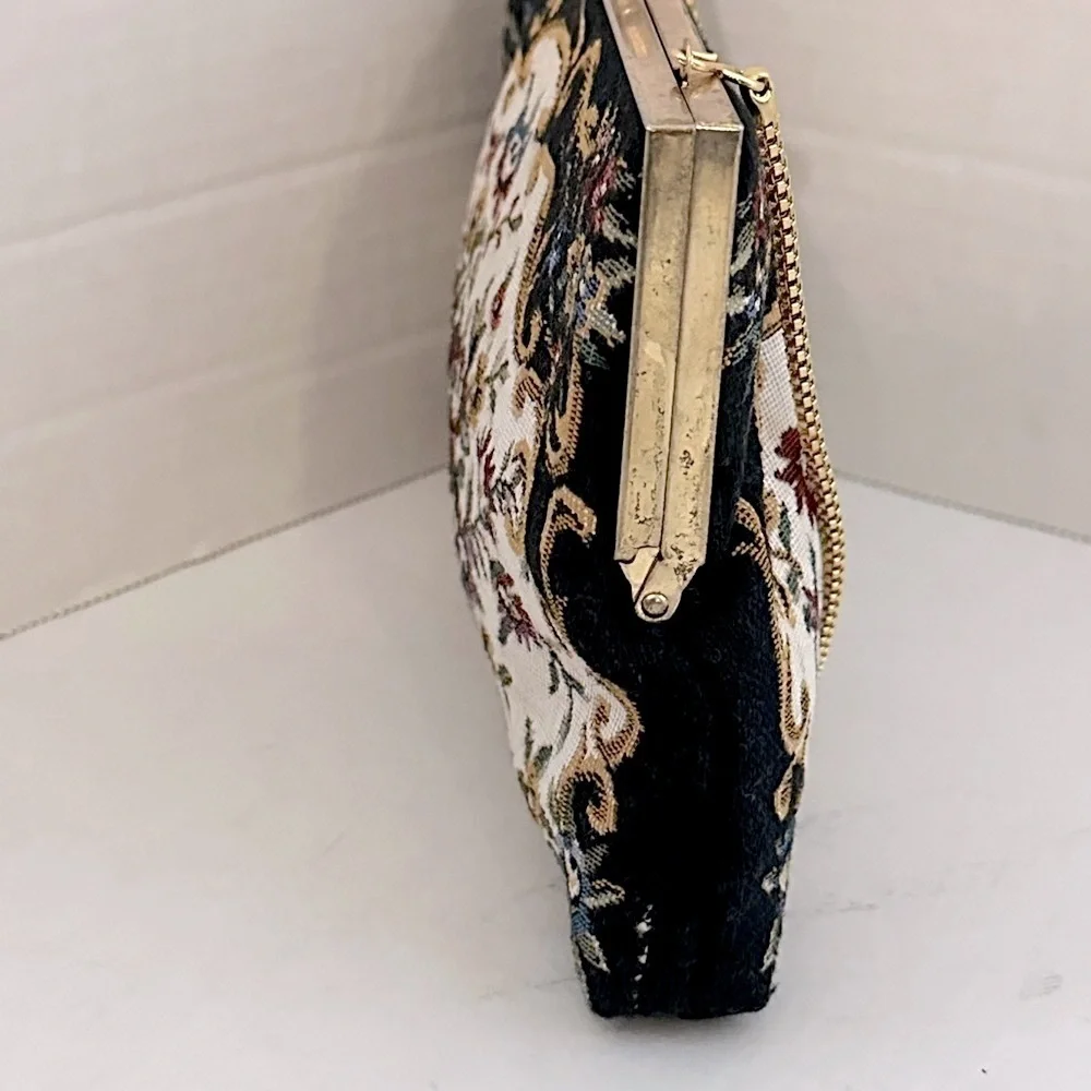 70s Walborg tapestry bag, vintage 70s bag  black,beige & blue floral design